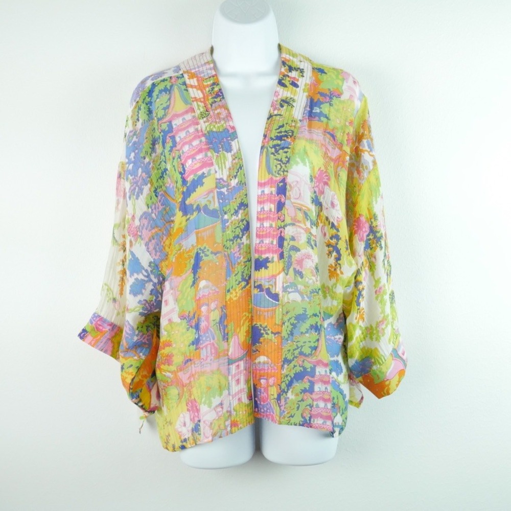 One Hundred Stars Kimono Jacket Pagoda Chinoiserie Print Boho Artsy Lounge OS